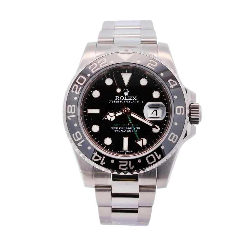 durable sport watches for men with built-in compass -Rolex GMT-Master II Stainless Steel 40mm Black Dot Dial Watch Reference# 116710