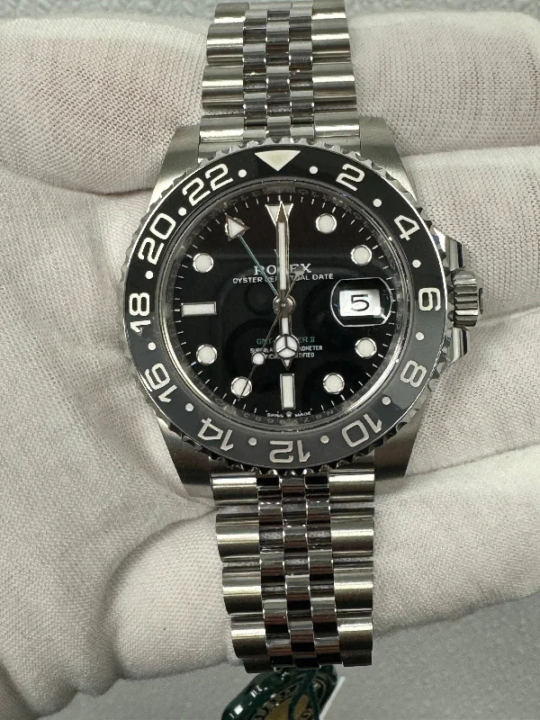 watches for women with elegant designs and adjustable metal straps -Rolex GMT Master II Stainless Steel 40mm Black Dot Dial Watch Reference #: 126710GRNR