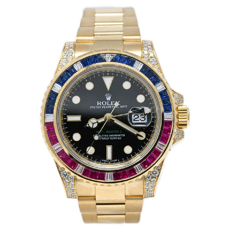 high-end men’s watches with diamond-encrusted bezels and gold accents -Rolex GMT-Master II Yellow Gold Black Dot Dial Watch Reference# 116758SARU