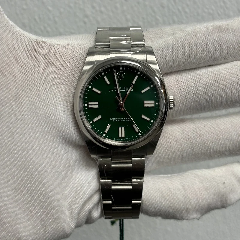 women's watches with gemstone accents and colorful leather bands -Rolex Oyster Perpetual 41mm Green Dial Ref# 124300