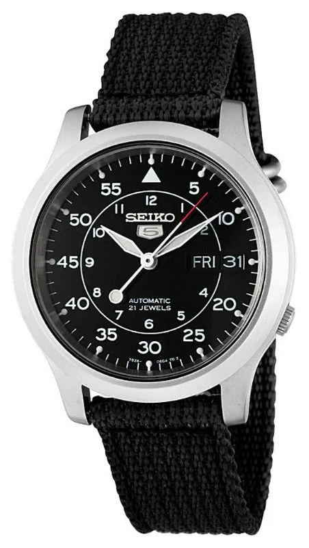 luxury watches for men with hand-crafted leather and precision movement -Seiko 5 Automatic Black Canvas Black Dial Day-Date Mens Watch SNK809K2