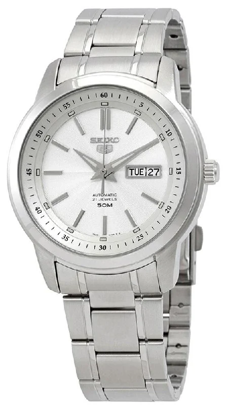 affordable men's watches with simple designs and digital features -Seiko 5 Automatic Stainless Steel White Dial Day-Date Mens Watch SNKM83K1