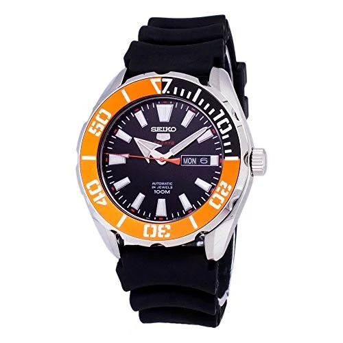 durable sport watches for men with built-in compass -Seiko 5 Sports SRPC59 Men's Rubber Band Orange Bezel 100M Automatic Dive Watch