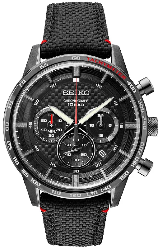 affordable watches for men with modern digital displays -Seiko Chronograph Black Stainless Steel Black Dial Nylon Leather Band Quartz Date Mens Watch SSB359P1