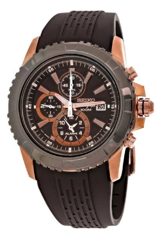 men's watches with high-tech features and classic design -Seiko Chronograph Rose Gold PVD Steel Brown Dial Brown Rubber Strap Alarm Date Quartz Mens Watch SNAE16P1