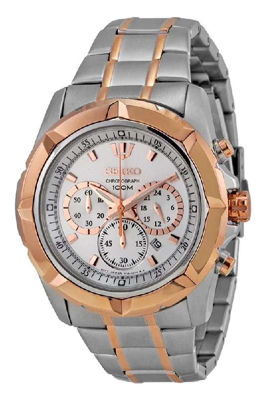 men's watches with unique skeleton dials and automatic movement -Seiko Chronograph Two-Tone Stainless Silver Dial Date Quartz Mens Watch SRW026P1