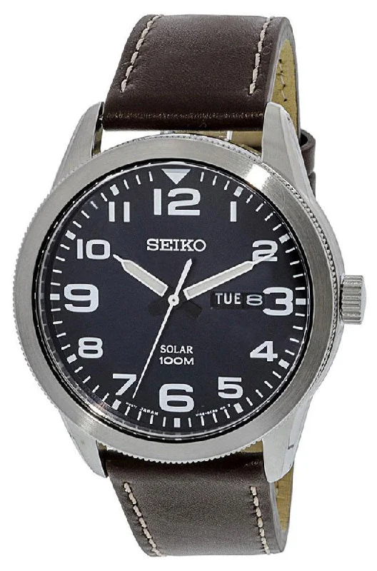 smartwatches with activity tracking and message notifications for men -Seiko Solar Brown Leather Strap Dark Blue Dial Day-Date Mens Watch SNE475P1