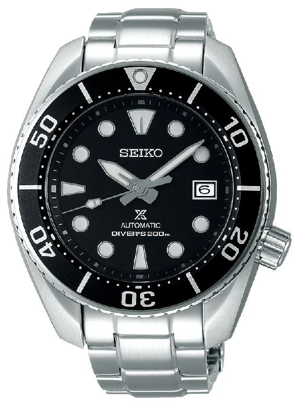 high-end sport watches for men with GPS, heart rate, and step counting -Seiko Prospex Automatic Stainless Steel Black Dial Date Divers Mens Watch SPB101J1