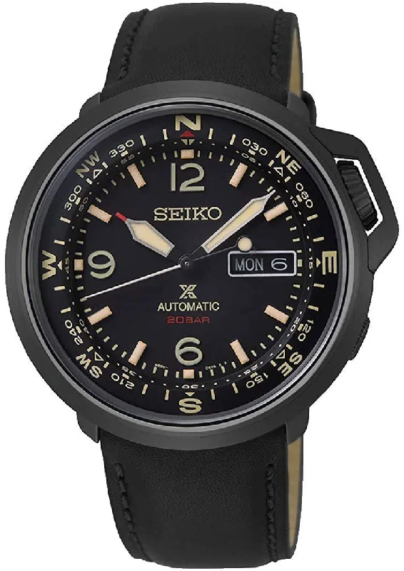 high-tech watches for men with advanced GPS and heart rate sensors -Seiko Prospex Automatic Black Stainless Steel Black Dial Black Leather Strap Day/Date Mens Watch SRPD35K1