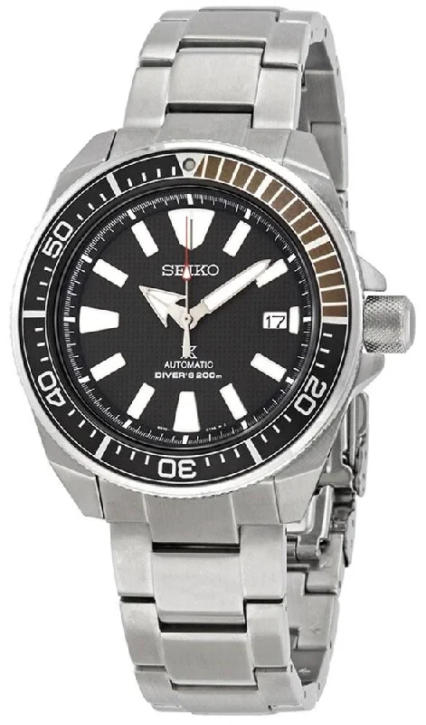 stylish watches for men with leather and metal hybrid straps -Seiko Prospex Automatic Stainless Steel Black Dial Date Divers Mens Watch SRPB51K1