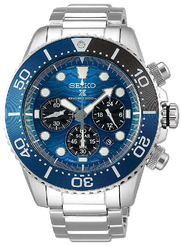 high-tech sport watches for men with Bluetooth connectivity -Seiko Special Edition Prospex Solar Chronograph Stainless Steel Blue Dial Divers Mens Watch SSC741P1