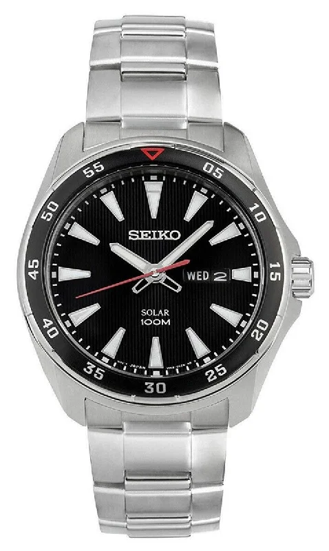 digital sport watches for men with calorie tracking and water resistance -Seiko Solar Stainless Steel Black Dial Day-Date Quartz Mens Watch SNE393P1