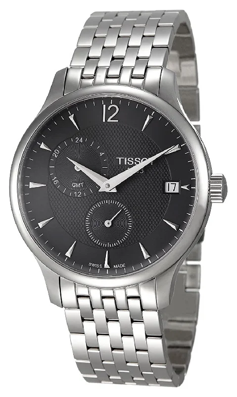 men's watches with precision quartz movement -Tissot T-Classic Tradition Stainless Steel GMT Anthracite Dial Date Quartz Mens Watch T0636391106700