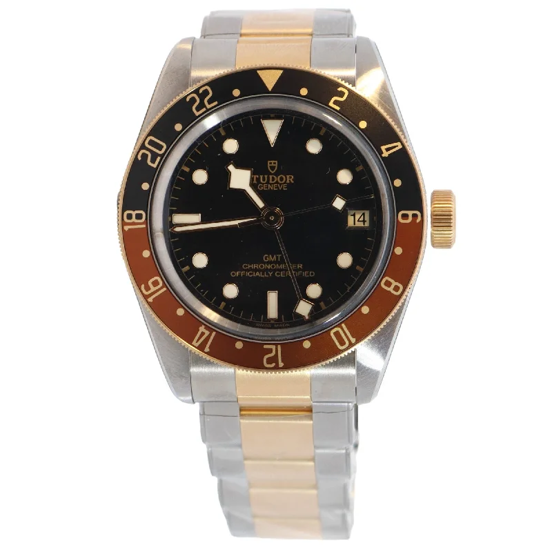 men's watches with ceramic cases and automatic movements -Tudor Black Bay GMT Two-Tone Stainless Steel & Yellow Gold 41mm Black Dot Dial Watch Reference# 79833MN